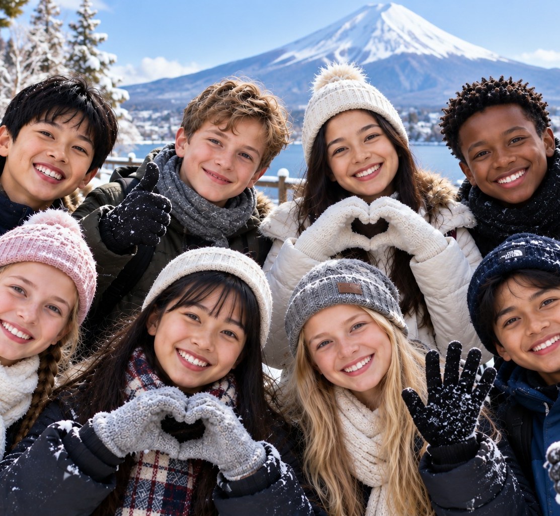 Sekelompok anak dan remaja Lit Education berfoto di depan Gunung Fuji saat musim dingin