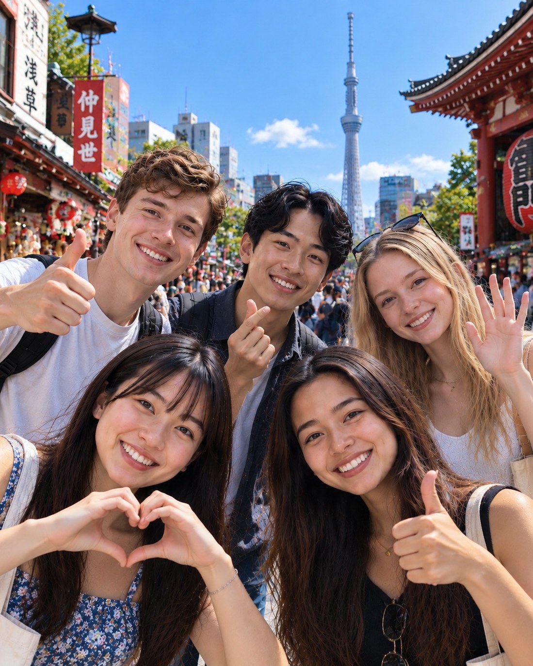 Sekelompok siswa dewasa Lit Education tersenyum di Asakusa dengan Tokyo Skytree